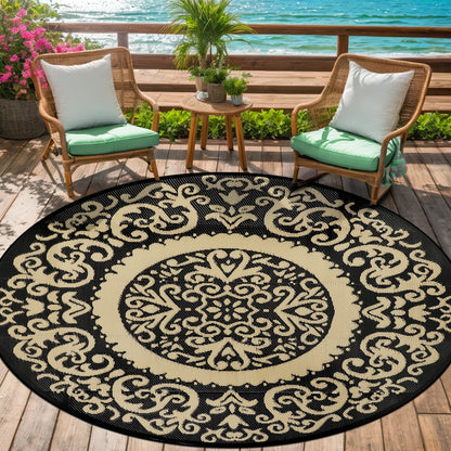 Round Outdoor Reversible Lightweight Plastic Straw Patio Rug 8Ft