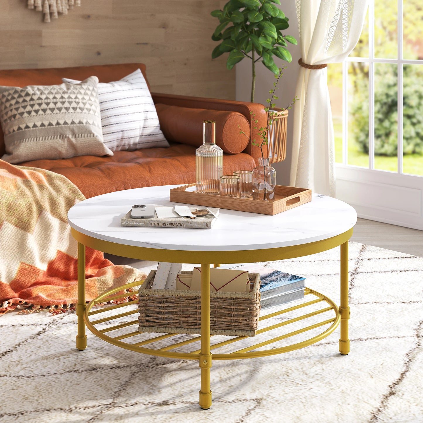 2-Tier Industrial Round Coffee Table Open Shelf Storage Marble White Gold Frame