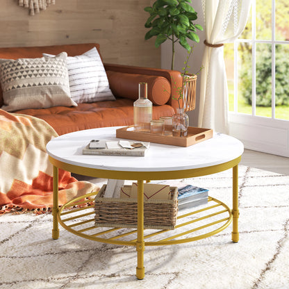 2-Tier Industrial Round Coffee Table Open Shelf Storage Marble White Gold Frame