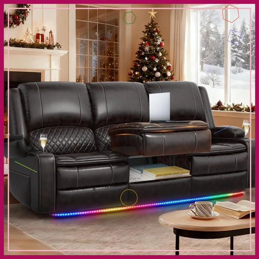 Leather Recliner Sofa with Liftable Console USB Ports Cup Holders 3 Seat