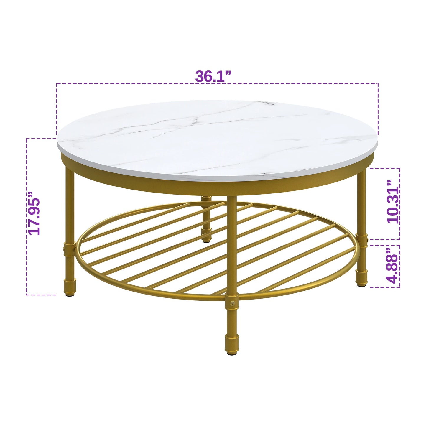 2-Tier Industrial Round Coffee Table Open Shelf Storage Marble White Gold Frame