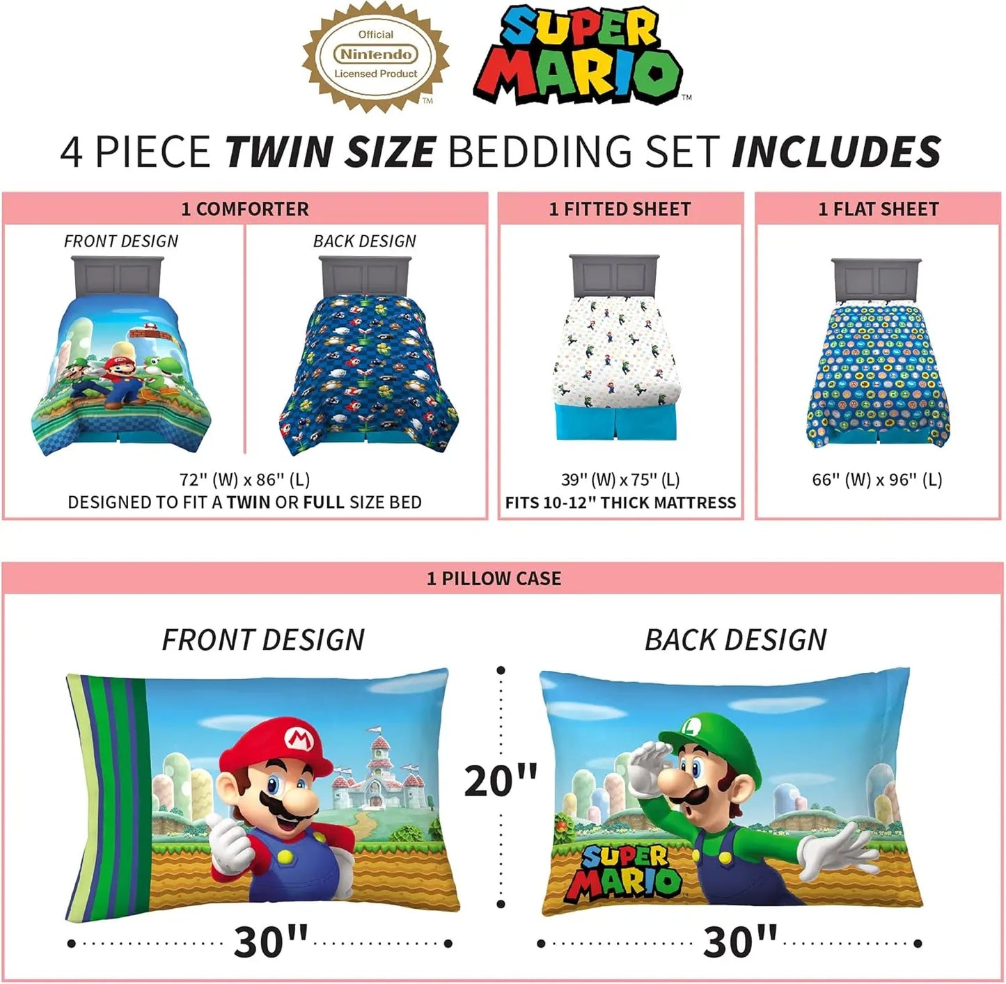 Super Mario Kids Twin Size Bedding Set (Comforter, Sheets) Reversible Officially Licensed 4 Piece
