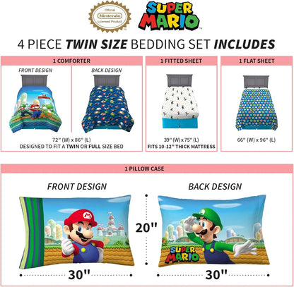 Super Mario Kids Twin Size Bedding Set (Comforter, Sheets) Reversible Officially Licensed 4 Piece