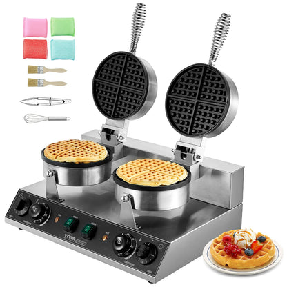 Commercial Dual Head Round Waffle Maker 2460W Non-Stick Stainless Steel Belgian Waffle Iron
