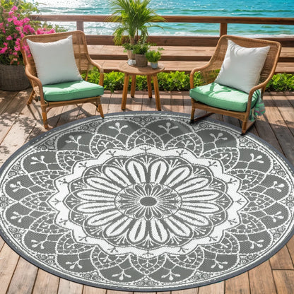 Round Outdoor Reversible Lightweight Plastic Straw Patio Rug 8Ft