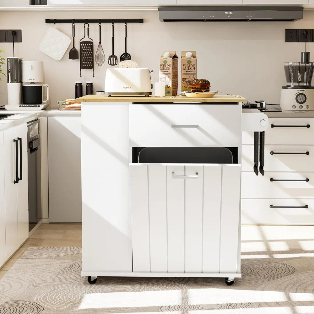 Portable Rolling Kitchen Island on Wheels with Tilt Out Trash Can Storage Towel Rack Spice Rack