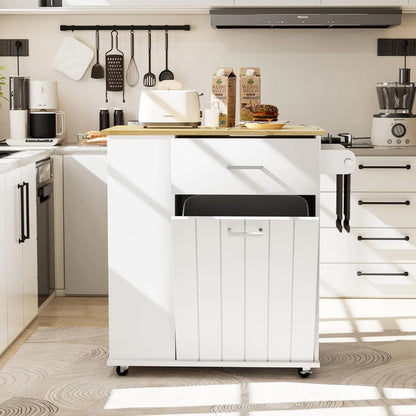 Portable Rolling Kitchen Island on Wheels with Tilt Out Trash Can Storage Towel Rack Spice Rack