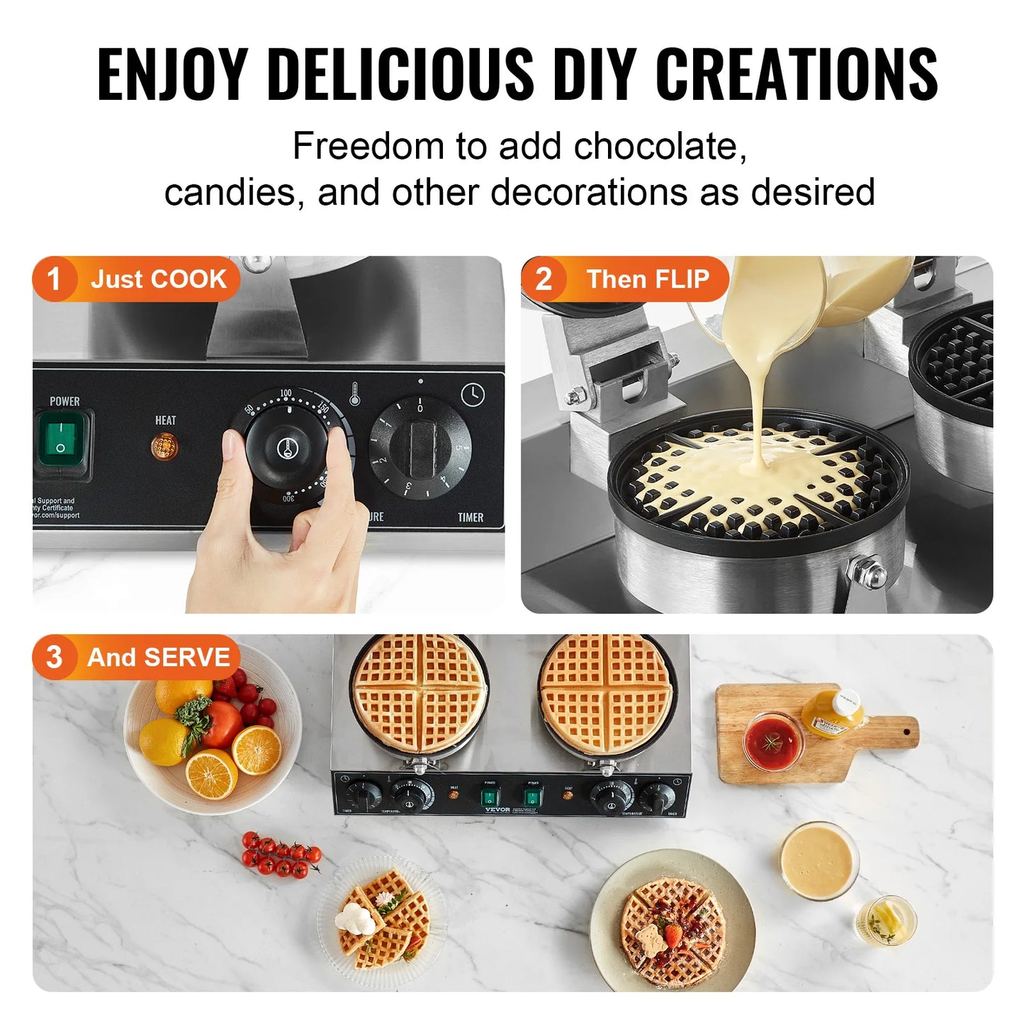 Commercial Dual Head Round Waffle Maker 2460W Non-Stick Stainless Steel Belgian Waffle Iron