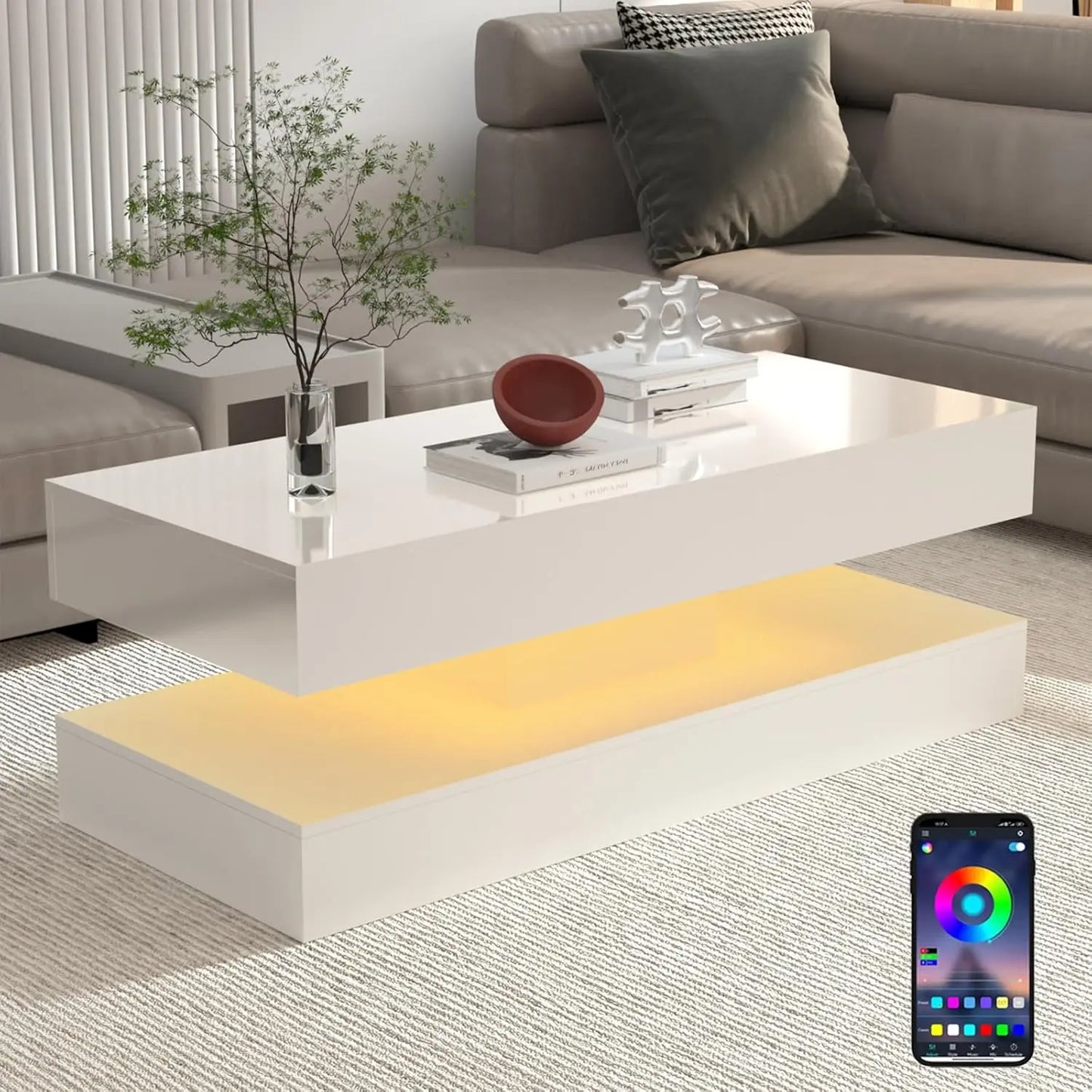 Modern Stylish Double-Layer Design Coffee Table with LED Lights 2 Storage Drawers
