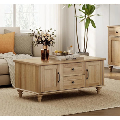Rustic Wooden Farmhouse Coffee Table with Storage Cabinet