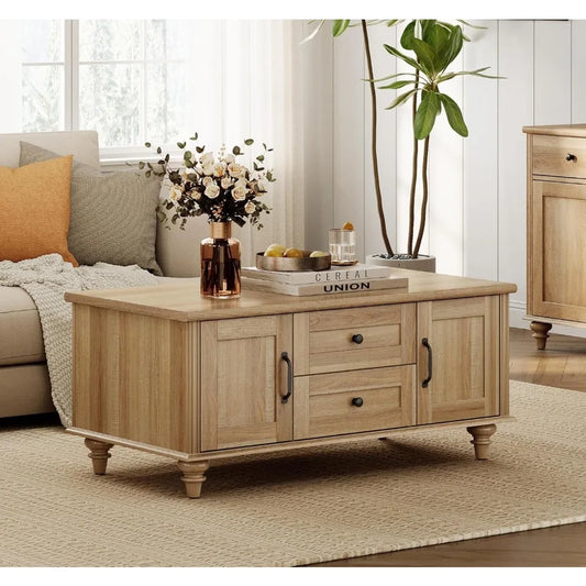 Rustic Wooden Farmhouse Coffee Table with Storage Cabinet