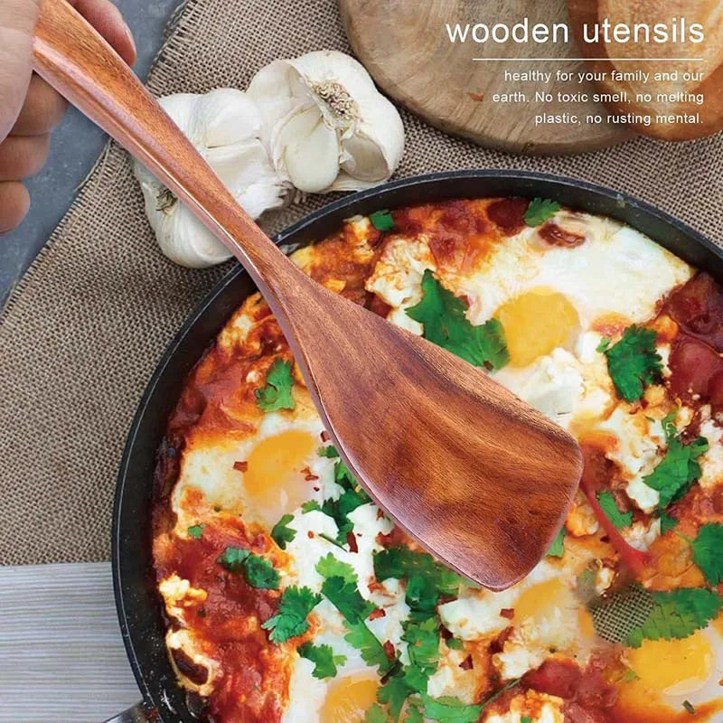 Natural Wood Kitchen Tool Set Includes Spoon, Spatula Slotted Spoon 5 Pieces