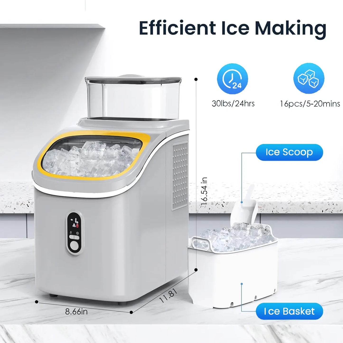 Countertop Ice Maker Machine Self-Cleaning with Basket Scoop 30lbs/24Hrs, 3 Ice Cube Settings, 16Pcs/13 Mins