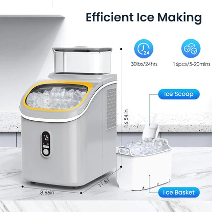 Countertop Ice Maker Machine Self-Cleaning with Basket Scoop 30lbs/24Hrs, 3 Ice Cube Settings, 16Pcs/13 Mins