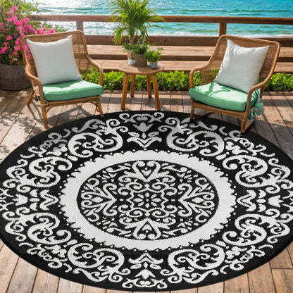 Round Outdoor Reversible Lightweight Plastic Straw Patio Rug 8Ft