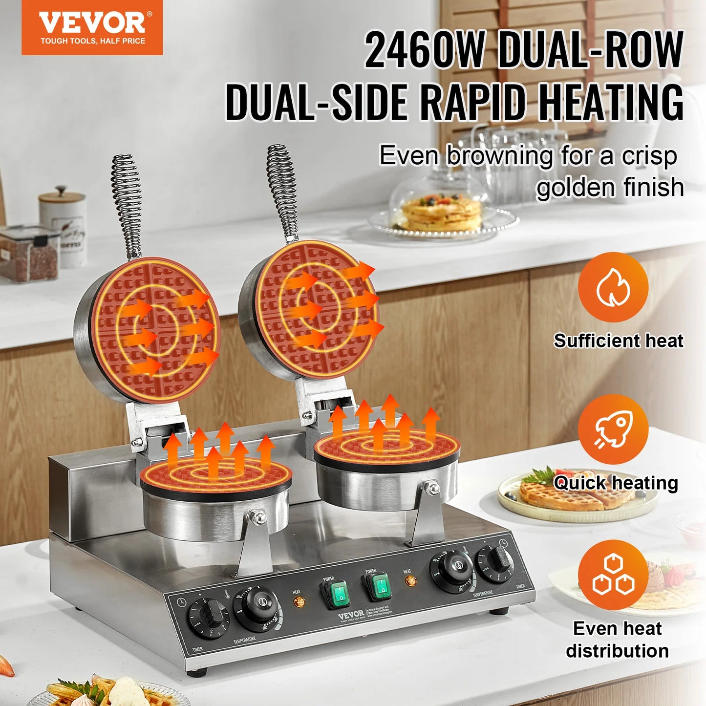 Commercial Dual Head Round Waffle Maker 2460W Non-Stick Stainless Steel Belgian Waffle Iron