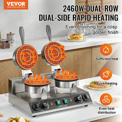 Commercial Dual Head Round Waffle Maker 2460W Non-Stick Stainless Steel Belgian Waffle Iron