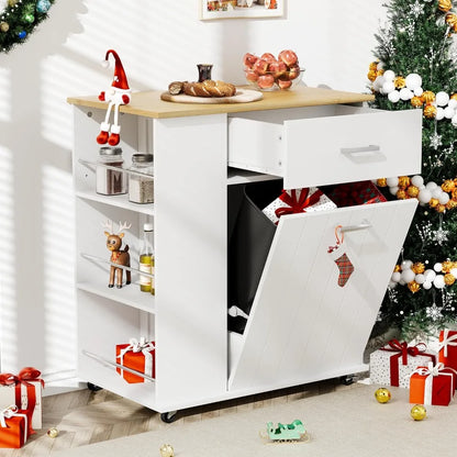 Portable Rolling Kitchen Island on Wheels with Tilt Out Trash Can Storage Towel Rack Spice Rack