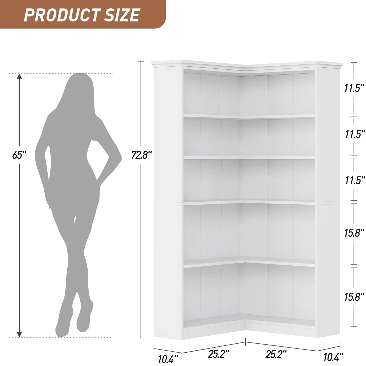 L-Shaped Corner 5-Tier Farmhouse Wooden Bookshelf Open Storage Display Shelf 72.8"