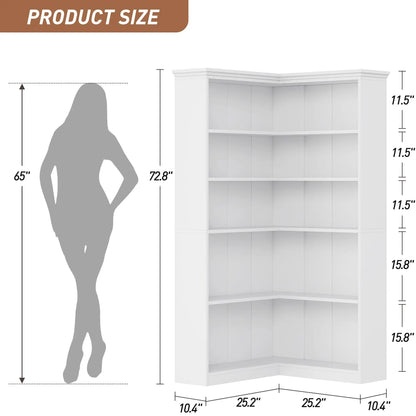 L-Shaped Corner 5-Tier Farmhouse Wooden Bookshelf Open Storage Display Shelf 72.8"