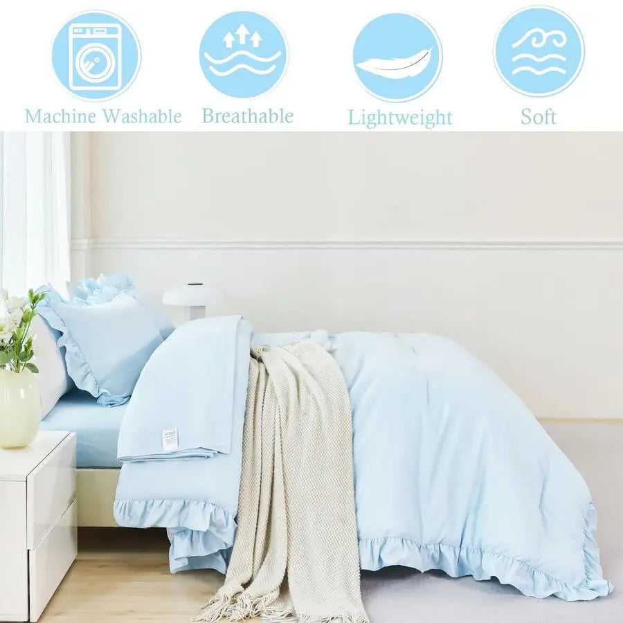 Ruffled Farmhouse Light Blue Twin Comforter Set Girls Bed in A Bag Solid Boho Bedding 5 Pieces
