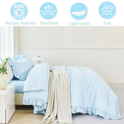 Ruffled Farmhouse Light Blue Twin Comforter Set Girls Bed in A Bag Solid Boho Bedding 5 Pieces