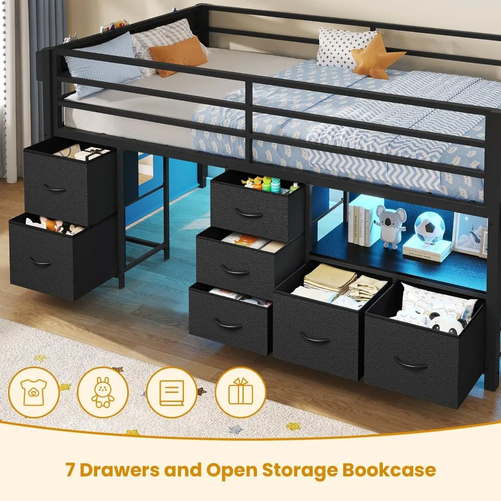 Low Metal Loft Bed Twin Size 14" H Safety Guardrail with 7 Storage Drawers Bookcase LED Lights