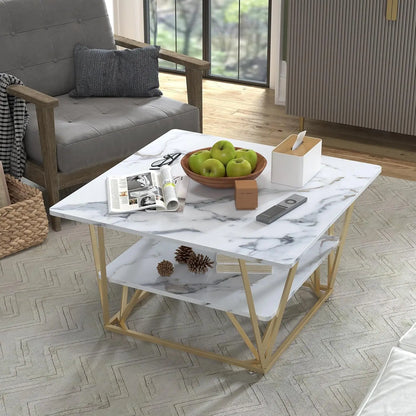 Modern 31.5" Square Two-Tier Coffee Table w/ Wooden Tabletop - White Marble, Gold Frame