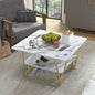 Modern 31.5" Square Two-Tier Coffee Table w/ Wooden Tabletop - White Marble, Gold Frame