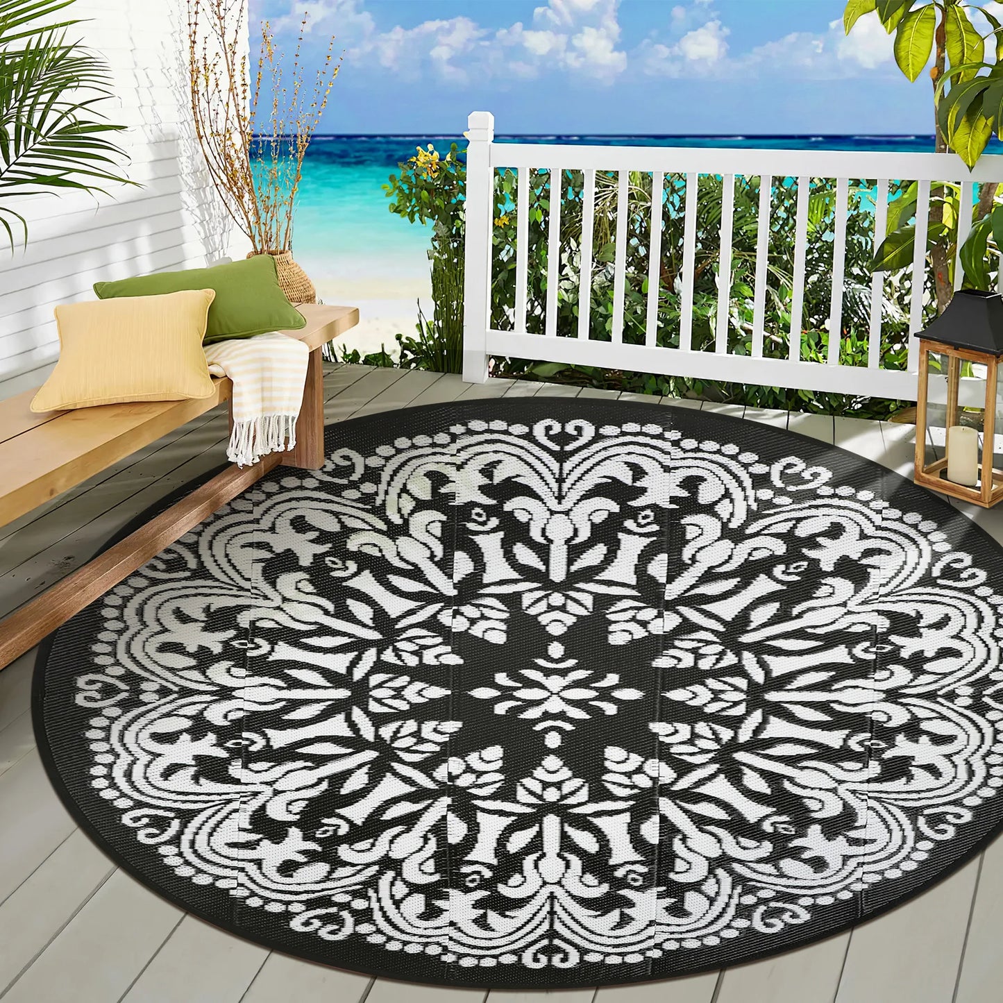 Round Outdoor Reversible Lightweight Plastic Straw Patio Rug 8Ft