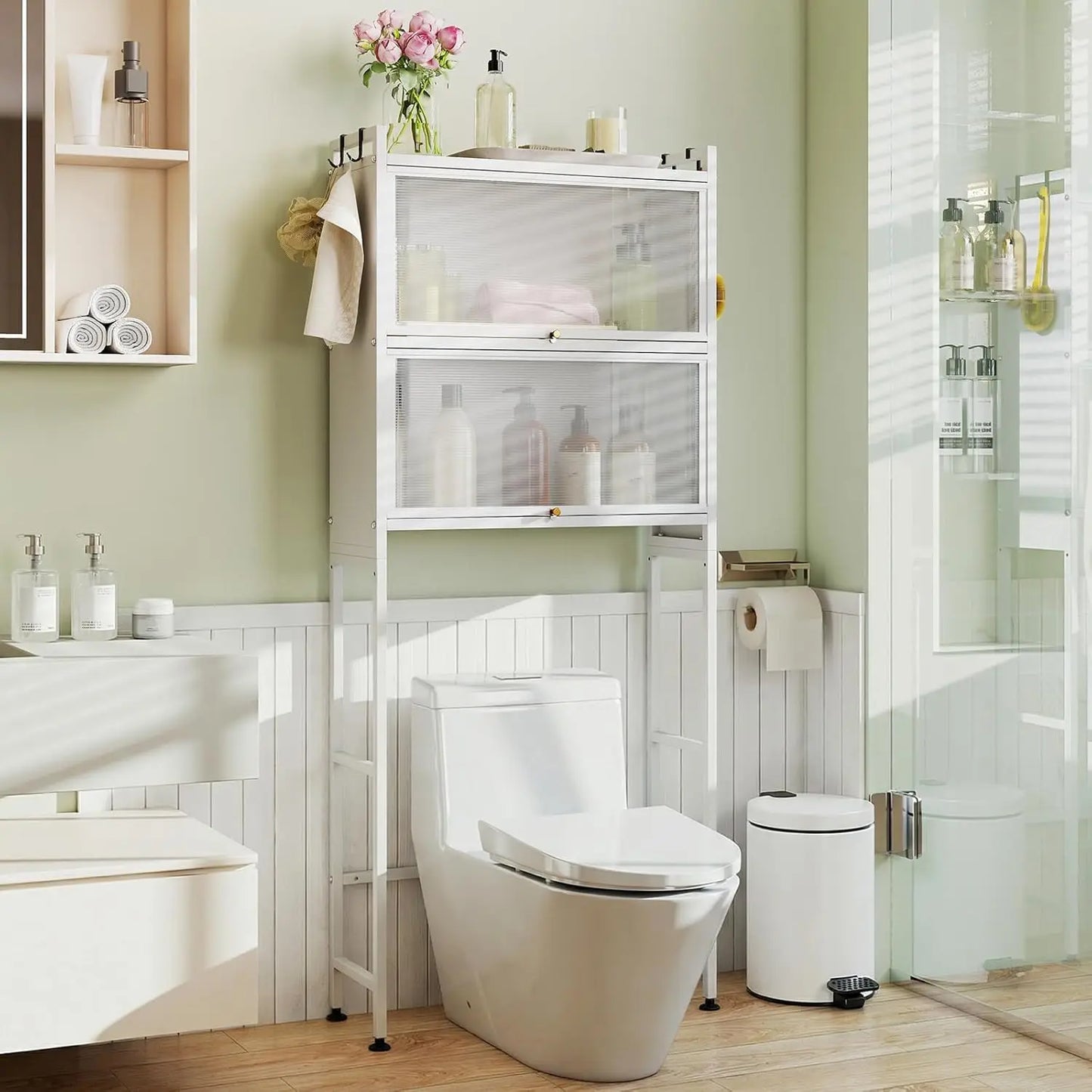 Freestanding Over the Toilet Storage Cabinet 2 Flip-up Fluted Doors 4 Hooks Metal Stand