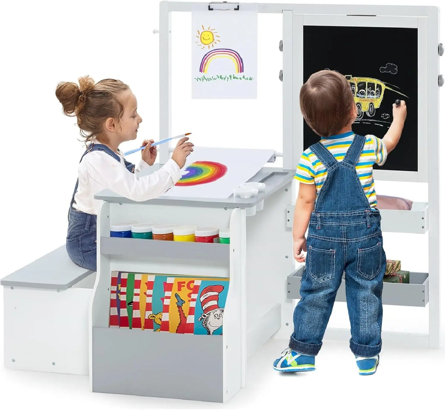 3-in-1 Adjustable Kids Art Table Chair Set with Dual-Sided Easel Paper Roll Storage