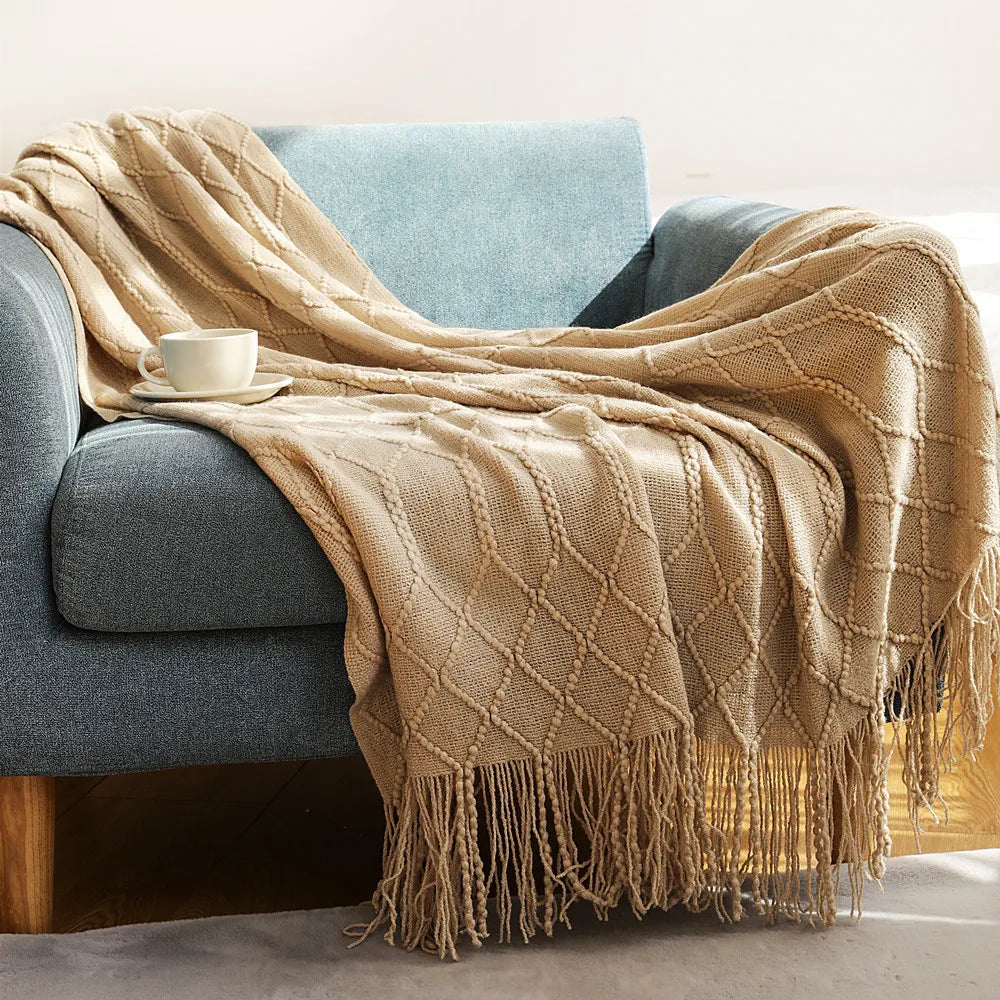 Oversized Vintage Farmhouse Knitted Throw Blanket with Tassels