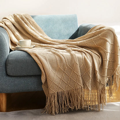 Oversized Vintage Farmhouse Knitted Throw Blanket with Tassels