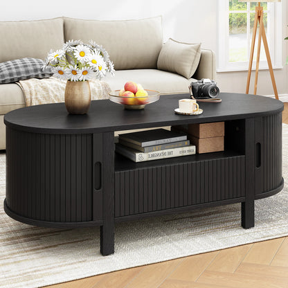 Mid-Century Modern Fluted Oval Coffee Table 47" with Cabinets Sliding Doors