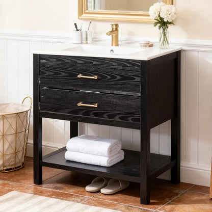 30" Freestanding Farmhouse Bathroom Vanity with Sink Cabinet 2 Drawers & Open Shelf Metal Handles