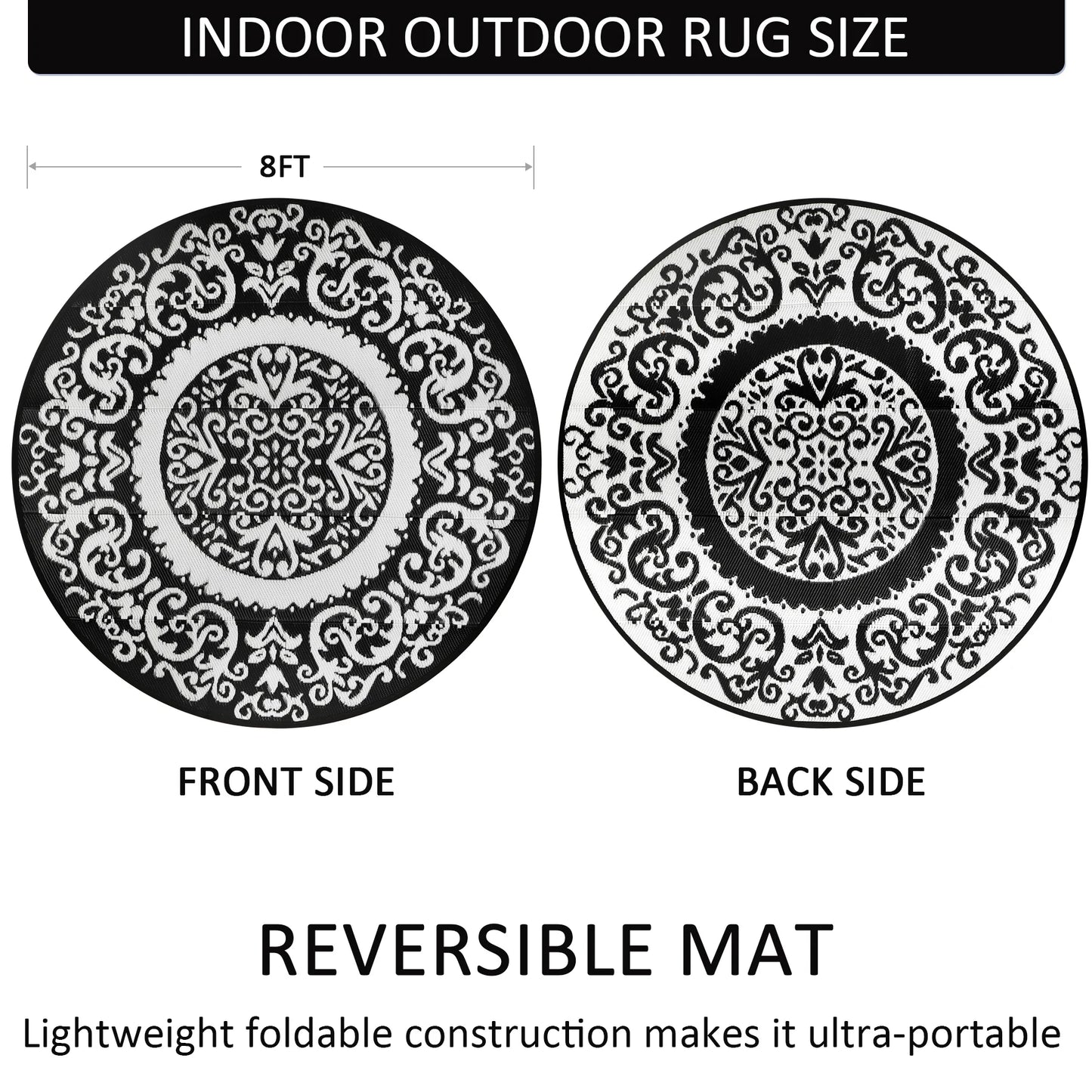 Round Outdoor Reversible Lightweight Plastic Straw Patio Rug 8Ft