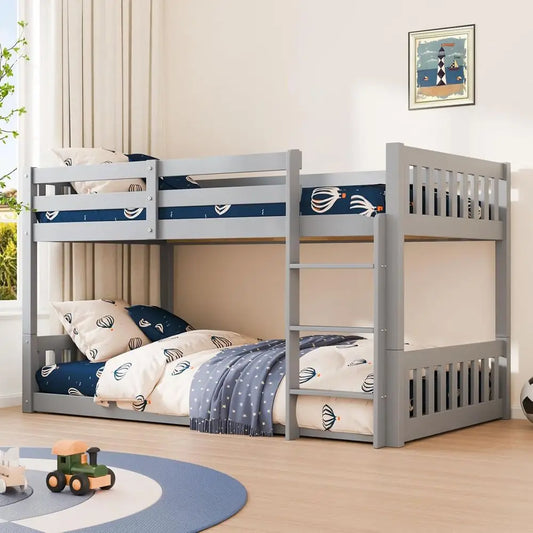 Twin Bunk Bed with Guardrails Ladder for Kids No Box Spring Required