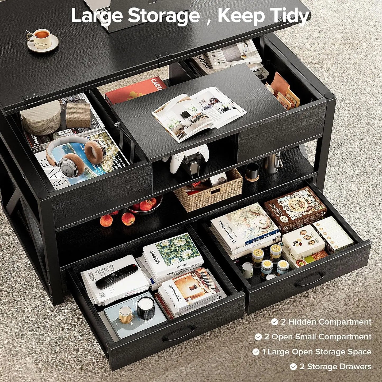 40" Farmhouse Multi-Function 4 in 1 Lift Coffee Table w/ Storage Drawers and Hidden Compartment