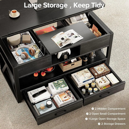 40" Farmhouse Multi-Function 4 in 1 Lift Coffee Table w/ Storage Drawers and Hidden Compartment