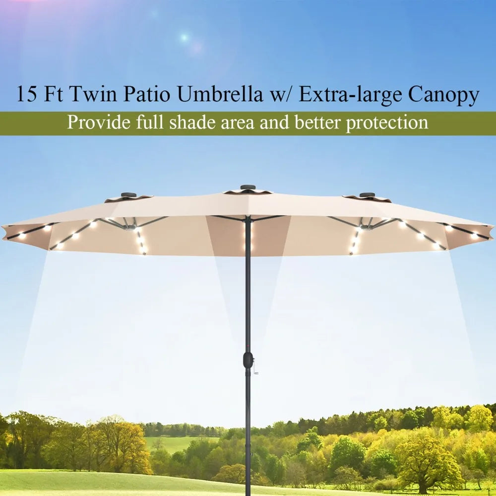 Solar LED Patio Outdoor Double-Sided Umbrella 15 Ft with 36 Lights