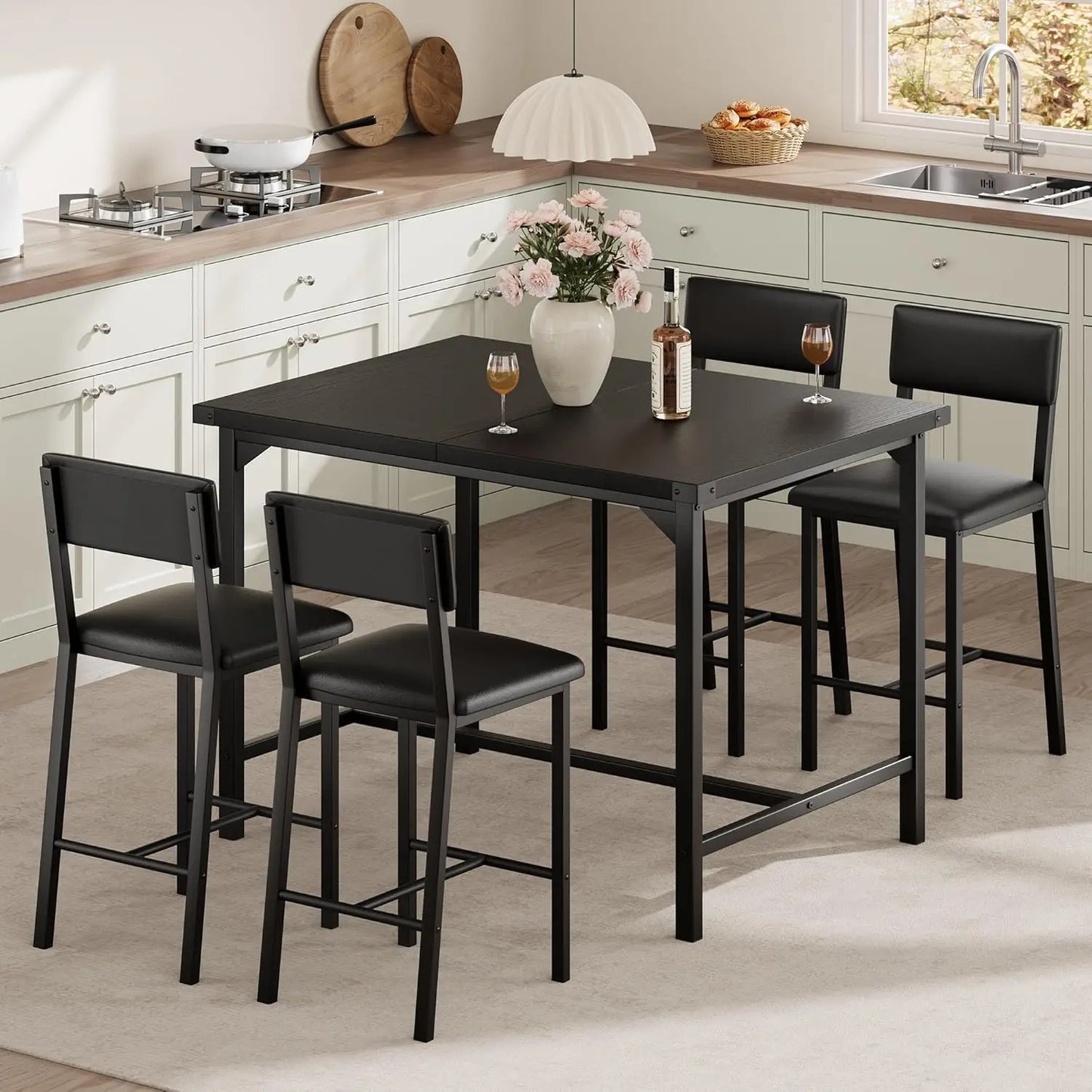 5-Piece Bar/Pub Dining Table Set 4 Upholstered Chairs