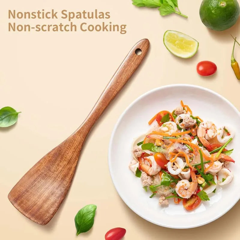 Natural Wood Kitchen Tool Set Includes Spoon, Spatula Slotted Spoon 5 Pieces