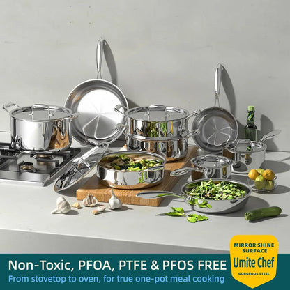 14-Piece 5-Ply Stainless Steel Cookware Set Induction Compatible Pots Pans Oven Safe