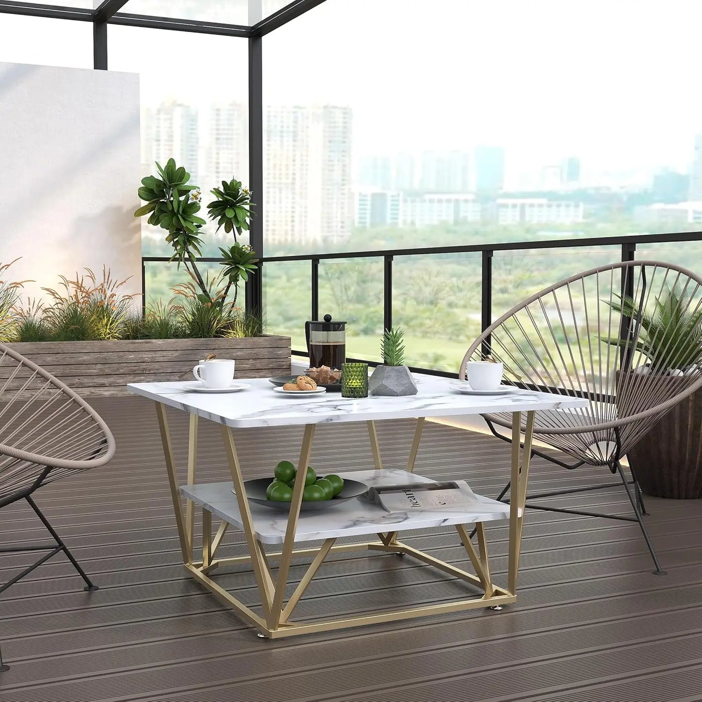 Modern 31.5" Square Two-Tier Coffee Table w/ Wooden Tabletop - White Marble, Gold Frame