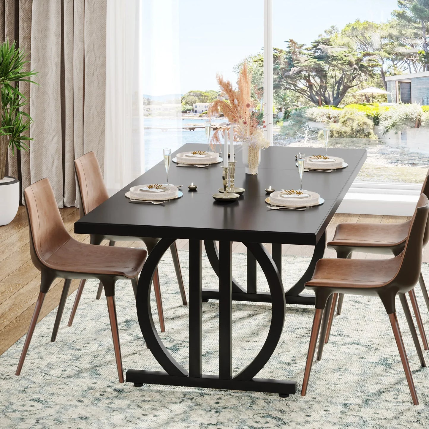 Modern Industrial Large Dining Table 63-Inch Heavy Duty Metal Frame 63"