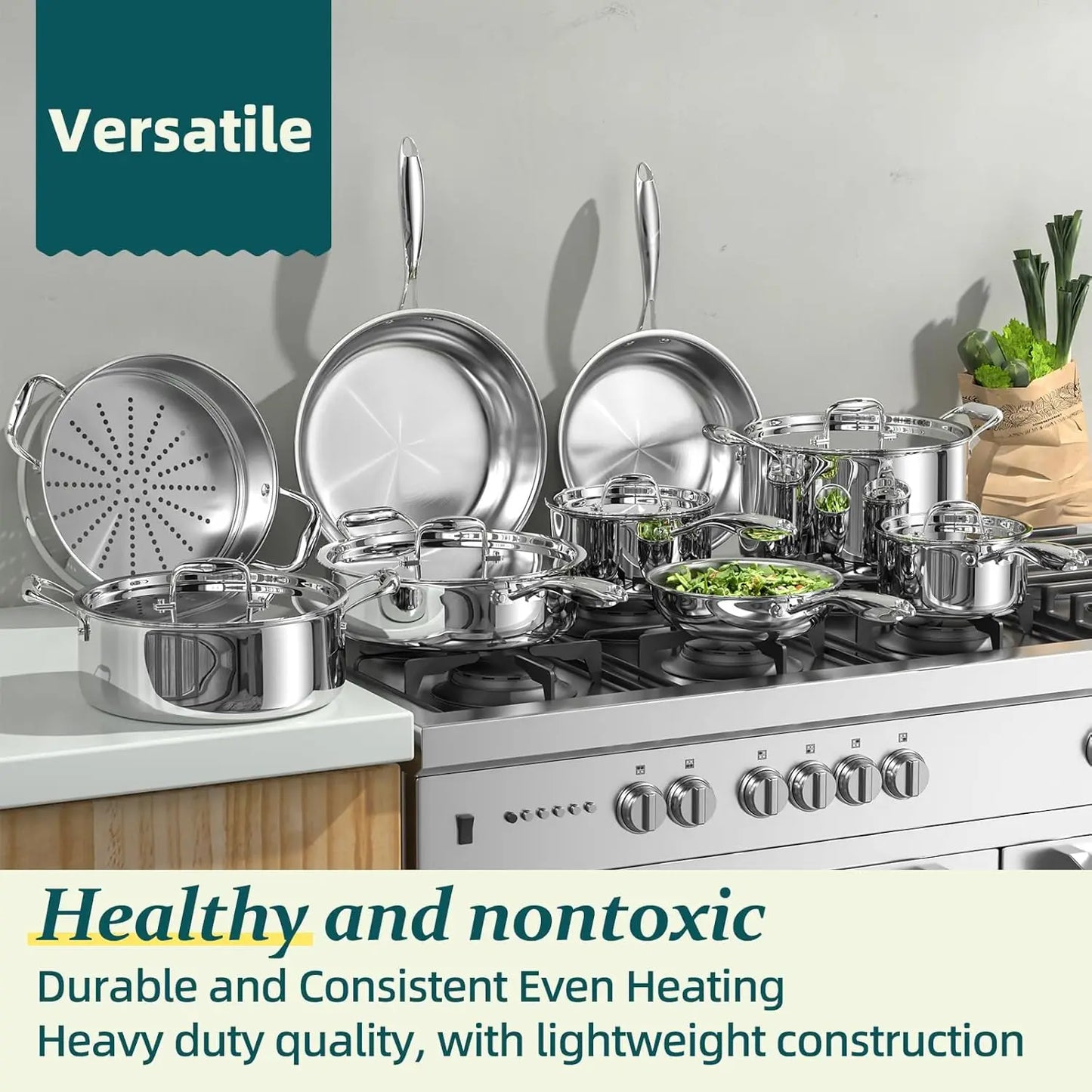 14-Piece 5-Ply Stainless Steel Cookware Set Induction Compatible Pots Pans Oven Safe