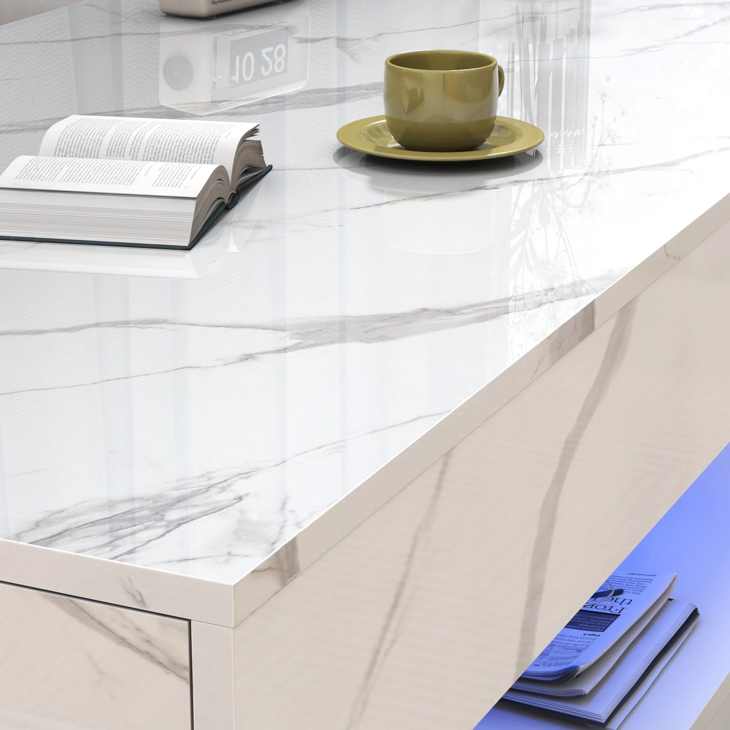 Modern Stylish Double-Layer Design Coffee Table with LED Lights 2 Storage Drawers