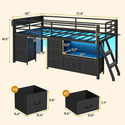 Low Metal Loft Bed Twin Size 14" H Safety Guardrail with 7 Storage Drawers Bookcase LED Lights