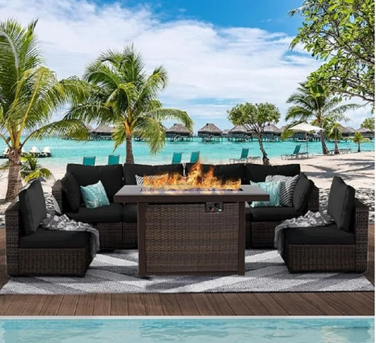 7 Piece Patio Rattan Outdoor Sectional Patio Conversion Set Seat Cushions with Fire Pit Table